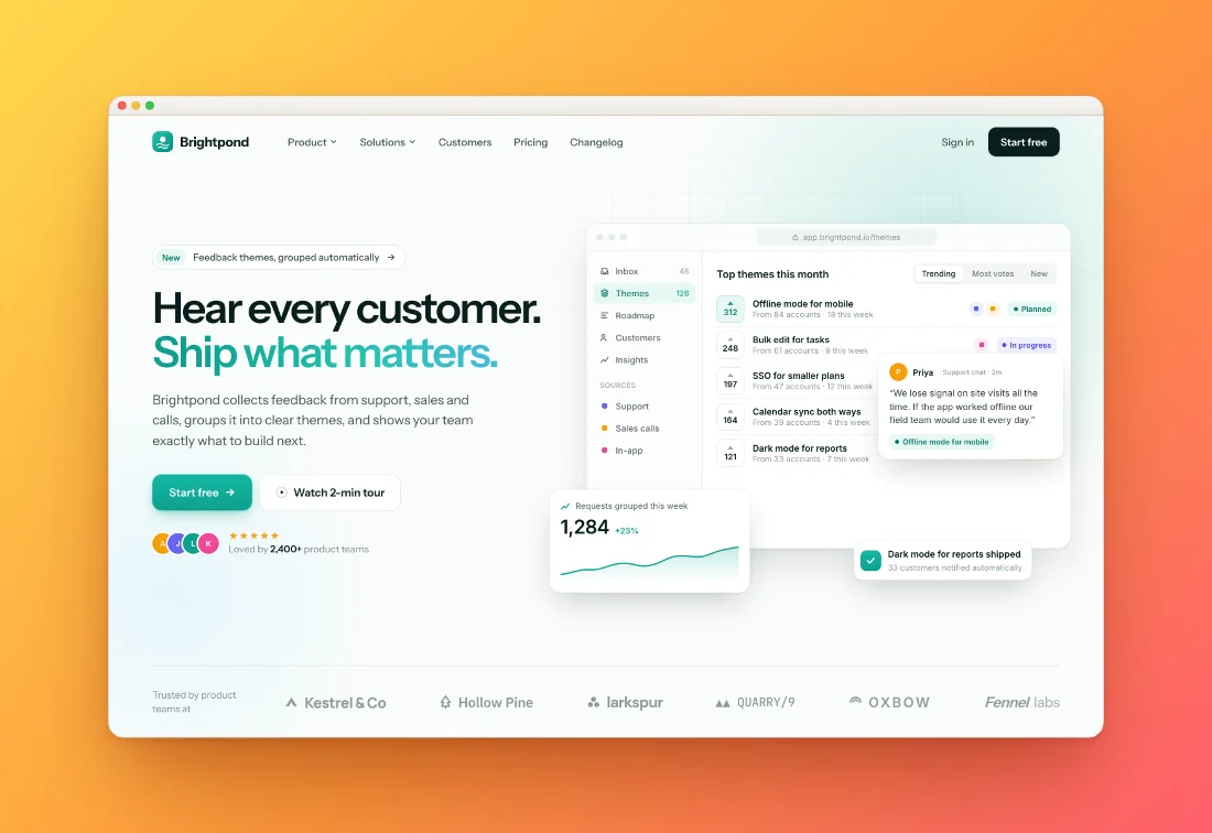 A landing page screenshot on a tangerine gradient with a deep shadow